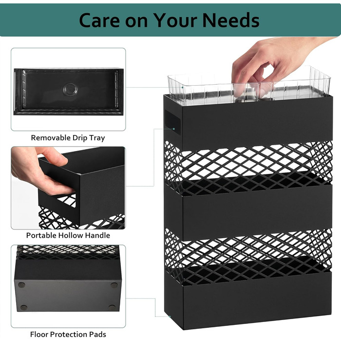 LANDVOI Metal Umbrella Stand - Rectangular, Portable, with Removable Drip Tray - Black