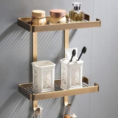 Solid Brass Eck-Duschregal (Corner Shower Shelf), Wall-Mounted Bathroom Shelf with Soap Dish, Shampoo Storage Shelf, Drip Basket, and Hooks, Rust-Proof Nizer for Kitchen and Spice Bottles, Antique Brass
