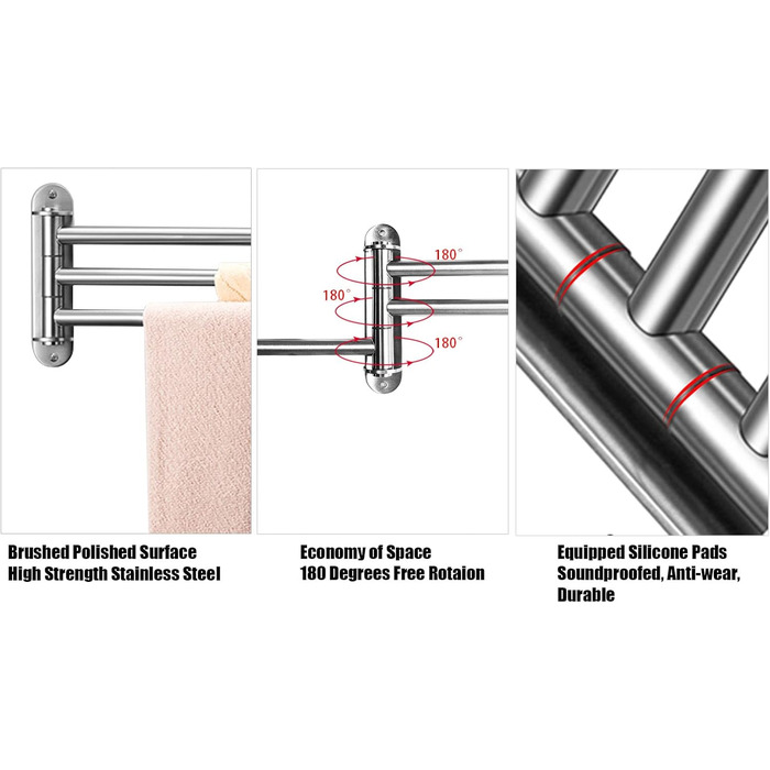 Тримач для рушників у ванну кімнату з 3-ма полицями, поворотний, 40 см, нержавіюча сталь, сріблястий