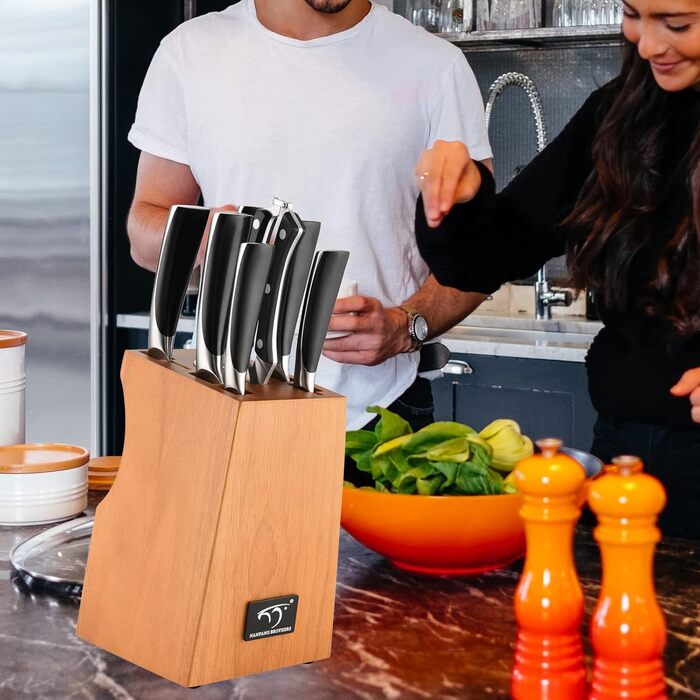 NANFANG BROTHERS 18-Piece Damascus Kitchen Knife Set with Hammered Handles & Wooden Block - Premium Quality