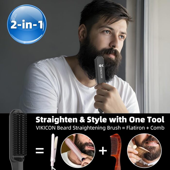 VIKICON Men's Beard Straightener Brush - Mini Pro Hair Straightener with Negative Ions, 3-Temp Settings, Portable & Fast for Beard & Hair Styling - Black