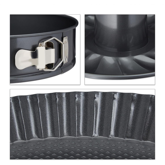 Набір для випічки Relaxdays 5-ти частинний: форма для випічки 26 см з трубчатим дном, кексова форма, форма для пирога з фруктами, пензлик для випічки, сталь, антрацит