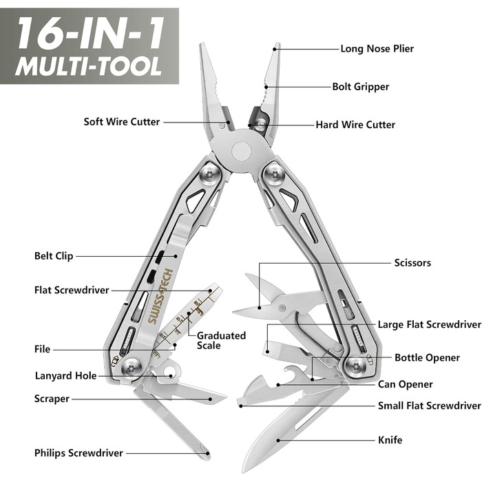 Мультитул Swiss+Tech 16 в 1: мультифункціональний інструмент з нержавіючої сталі з ножем, відкривачкою та кліпсою для ременя. Ідеально для кемпінгу та ремонту. З чохлом (Срібний)