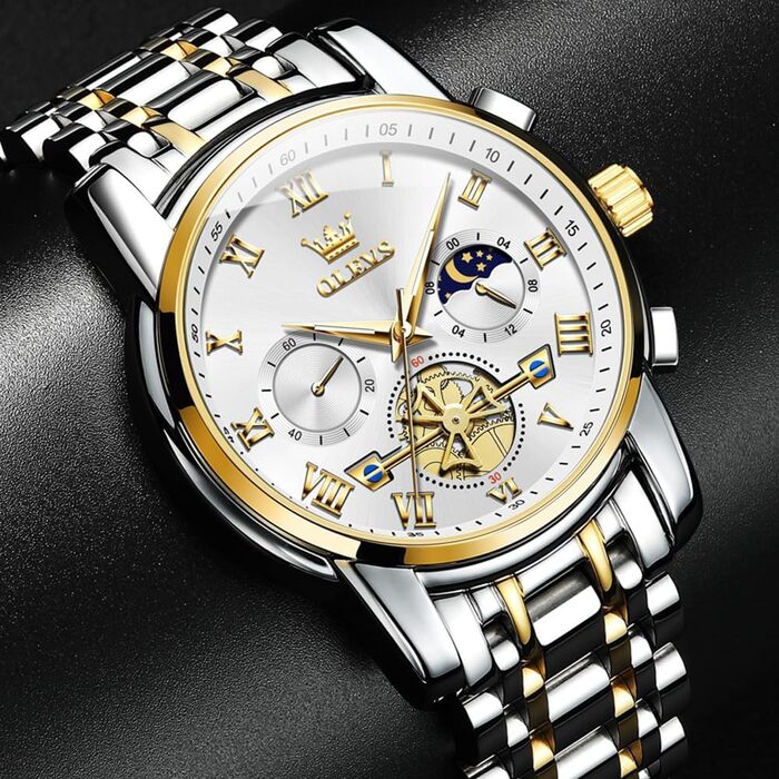 Годинник чоловічий OLEVS B1 з хронографом, водонепроникний, кварцовий, стильний, біле циферблат, золотисто-сріблястий браслет