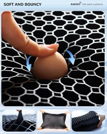 Гелеве сидіння для офісного крісла: ергономічна подушка з подвійною структурою та стільниковою поверхнею для тривалого сидіння, підтримки попереку та полегшення болю при ішіасі. Підходить для авто, каяку, інвалідного візка. Чорний колір.
