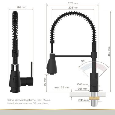 Кухонний змішувач Lenz KALANI² в стилі - з регульованою насадкою для миття посуду – легка установка та висока якість обробки – 46070322 (Для високого тиску, Чорний)