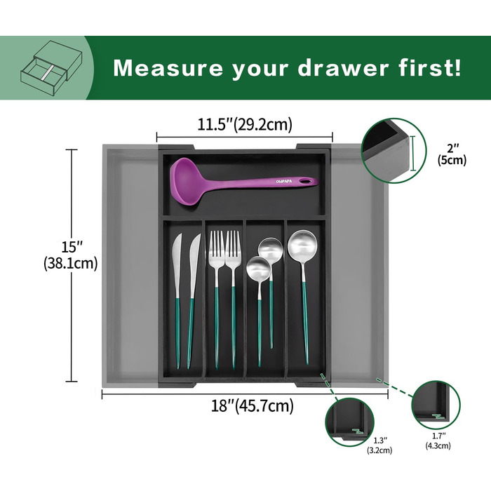 Органайзер для столових приладів Utoplike з бамбука, розширюваний, для кухні та офісу, чорний (5-7 секцій)
