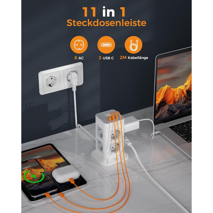 Блок розеток TESSAN з захистом від перенапруги, 3600W, 16A, 8 розеток, 3 USB-C, 2M, сірий