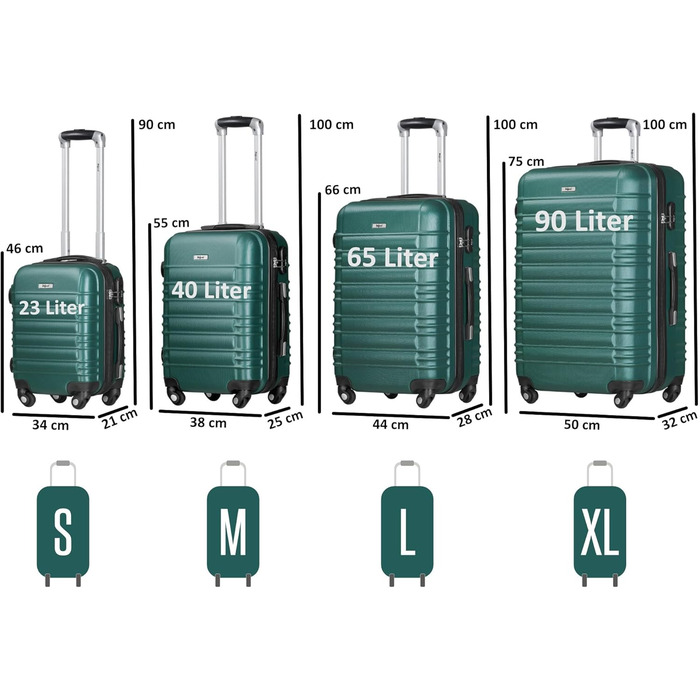 Набір валіз Zelsius 4 шт. Рожевий | ABS валізи з кодовим замком, 4 колеса та внутрішній роздільник | Ручна валіза, набір валіз 4 шт., роулер, велика валіза (петролево-зелений)