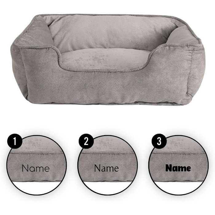 Ліжко для собак Lionto 2-в-1 з комфортним входом, м'яке лежання для домашніх тварин, підходить для собак та котів, 80x60 см, подушка для собак з легкою у догляді оксамитовою обробкою, сірий колір (Д 80 x Ш 60 x В 26 см (з нанесенням імені), Темно-сірий/Св