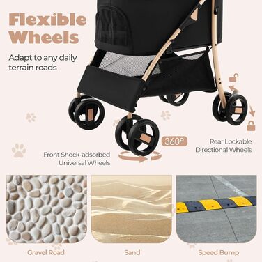 Візок для собак GOPLUS 3 в 1, візок-переноска для собак знімний, регульований дах, сітчастий вхід на блискавці та кошик, візок для домашніх тварин для маленьких/середніх собак та котів (Чорний)