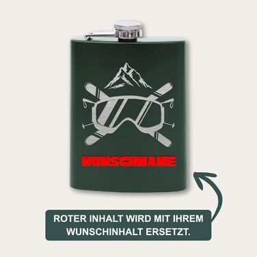 Фляга з нержавіючої сталі Flanacom з гравіюванням, 227мл / 8oz, для гірськолижників, персоналізована, з воронкою (дизайн 3, зелений)