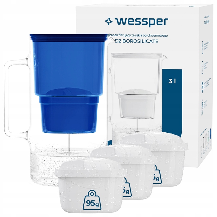 Скляний фільтр-кувшин Wessper D2 BOROSILICATE 3л, синій + 4 фільтри