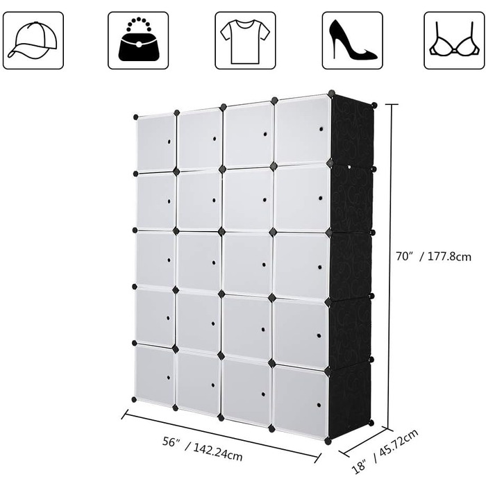 Regal system, 10 cubes, plastic wardrobe with doors, modular cabinet for space-saving storage, 70 x 45 x 175 cm, white door & black cabinet. Storage for clothing, shoes etc. (140 x 45 x 175 cm, White-1)