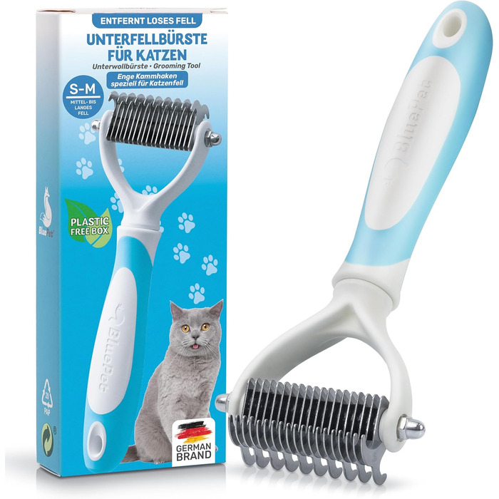 Щітка для собак та котів з довгим волоссям BluePet, видаляє підшерстя та ковтуни. Захист верхнього шару шерсті, видалення ковтунів. Підшерстя-щітка для линьки (S-M котів, блакитна)