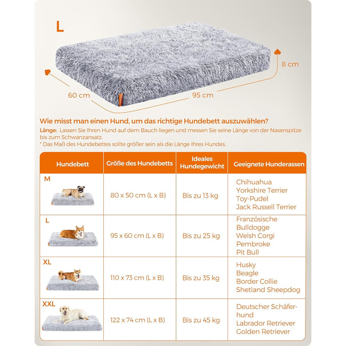 Feandrea Dog Bed, orthopedic dog cushion, padded with convoluted foam, removable and washable cover, size M, for small and medium dogs, 80 x 50 x 8 cm, PGW211G02 (L 95 x W 60 x H 8 cm, Ombré Gray)
