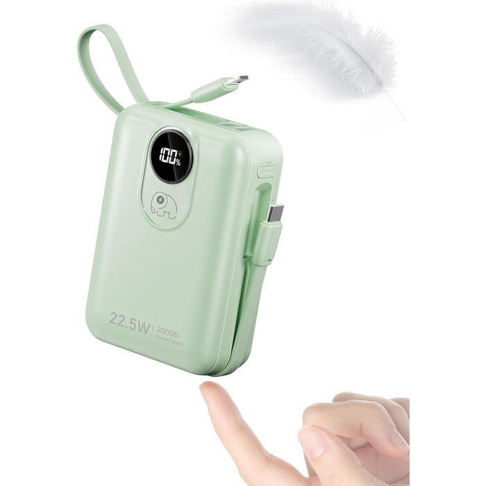 Power Bank 20000mAh з вбудованим кабелем: Швидка зарядка 22.5W, USB C (вхід/вихід), 4 виходи, 2 входи, білий/зелений