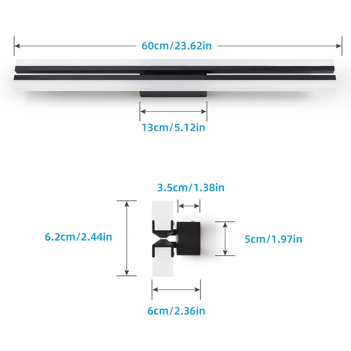 MantoLite LED Wash Table Wall Lights, 60CM 24W Super Bright Bathroom Mirror Lights, Living Room Picture Wall Lamps, 6000K Matte Black IP44, Vanity Mirror Front Lamp Bedside Reading Lights