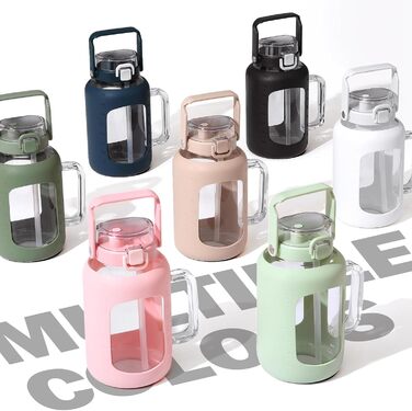 2 Liter Glass Water Bottle with Handle, 2L Glass Pitcher with Straw and Lid, Motivational Sports Water Jug with Time and Volume Markings, Leak-Proof, Light Green