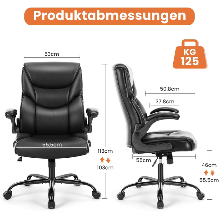 Крісло шеф-кухаря Sweetcrispy з PU шкіри, ергономічне офісне крісло, крісло для комп'ютера з регульованими підлокітниками, геймінгове крісло для роботи та відпочинку (Чорне)