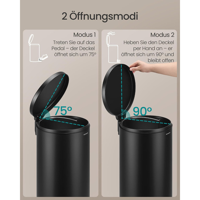 Сміттєвий відер SONGMICS для кухні з кришкою та системою SoftClose, чорний, 30 л