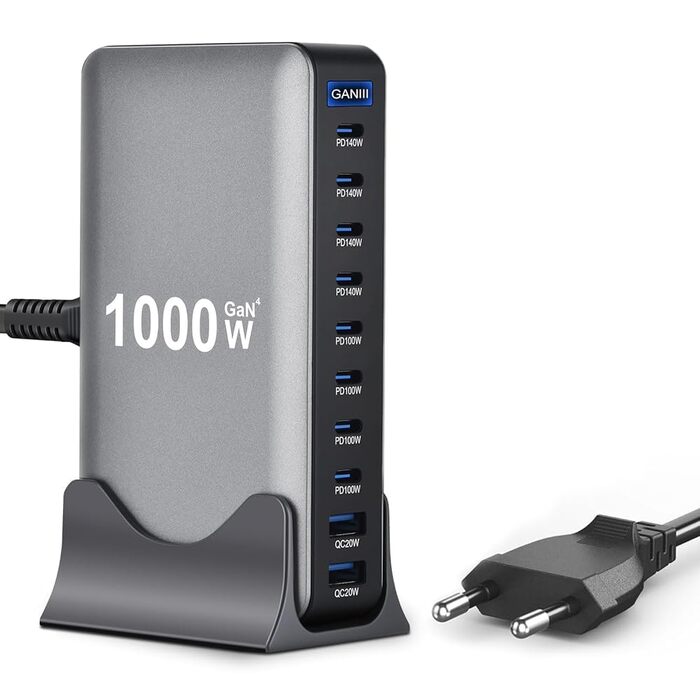 Зарядний пристрій USB-C GaN III 1000W 10-в-1 PD140W/100W QC20W для MacBook, iPad, iPhone, HP, Samsung Galaxy та ін.