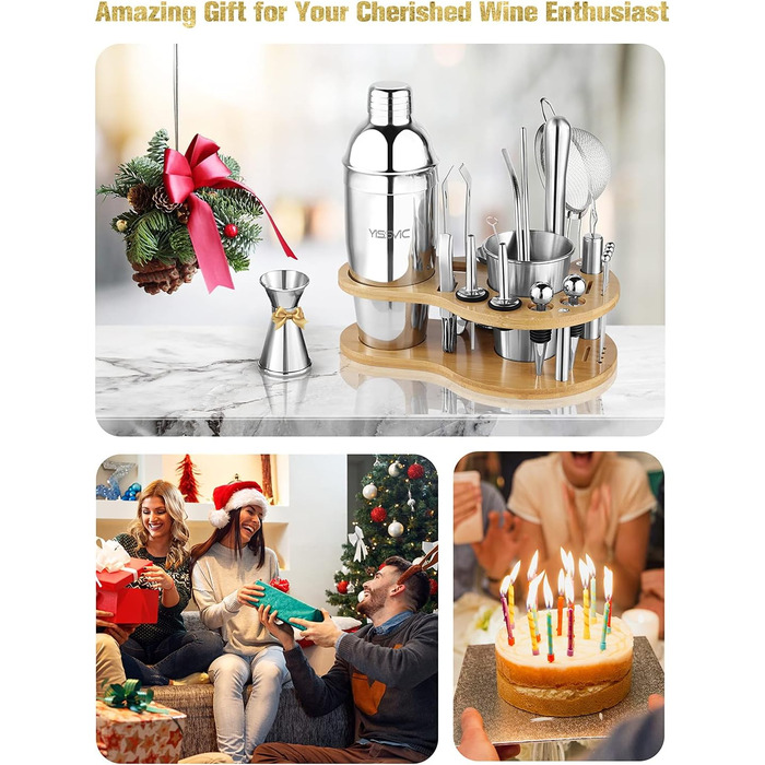 Набір для коктейлів YISSVIC 22 частини: шейкер, мірні склянки, ложка, наливник, підставка з бамбука. Подарунок для професіоналів та початківців
