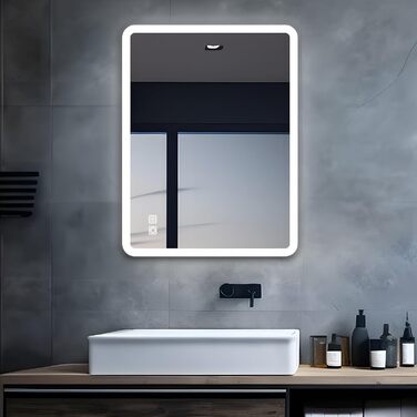 MIQU LED дзеркало для ванної кімнати з підсвічуванням 60x50 см, велике дзеркало для ванної кімнати з сенсорним регулюванням, антизапар, 3 кольори світла, для ванної, туалету, коридору