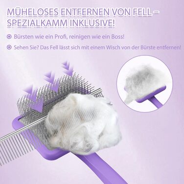Набір щітки та гребінця для собак та котів з довгим хутром – зі сталевими шпильками 25 мм проти підшерстка та ковтунів – дерев'яна ручка та шкіряний футляр – ідеально для Golden Retriever та Maine Coon – фіолетовий