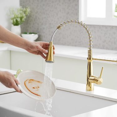 Кухонний змішувач TIMACO з поворотним гусаком 360° з нержавіючої сталі, з покриттям під золото. Кухонна арматура з гнучким шлангом, з нержавіючої сталі.