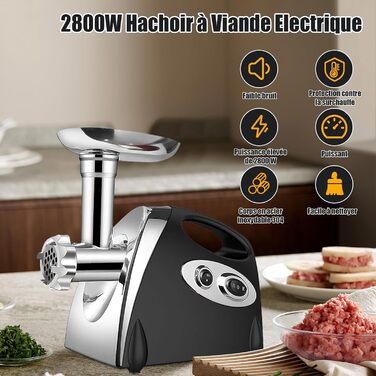 Electric Meat Grinder 2800W 3-in-1 Stainless Steel Meat Grinder with 3 Plates (3mm, 5mm, 7mm), Kubbe Attachment & Sausage Stuffer, 80kg/hr - Black