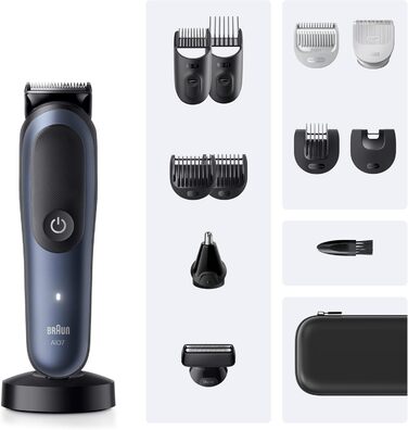 Braun Series 7 All-in-One AIO7545: Триммер для бороди, носа, волосся (13 в 1), сірий. Акумулятор 120 хв, 14 насадок (0.1-21 мм), водонепроникний