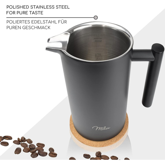 Milu French Press Coffee Maker | 350ml, 600ml, 1L | Stainless Steel Coffee Press, Coffee Maker for Home, Travel, Camping including Coaster, Spoon, Replacement Filters (Black, 1000ml (5 Cups) Black 1000ml (5 Cups)