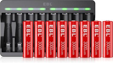 Акумулятори AA EBL 8 шт. 1.5V 3000mWh, перезаряджувані, з зарядним пристроєм M7012, LED дисплеєм, Micro-USB, USB 5V 2A