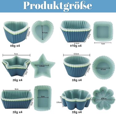 24 Силіконові Формочки для Маффінів, 6 Типів, Багаторазові, Антипригарні, для Випікання, Сумісно з Посудомийною Машиною (4 кольори)