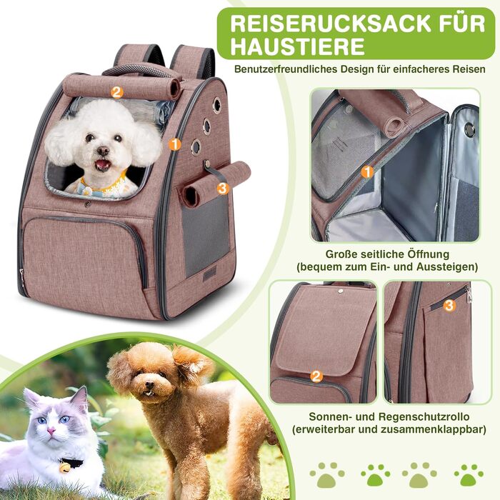 Рюкзак для котів та маленьких собак ALLSOPETS, складний, дихаючий, з сонцезахистом, для подорожей, кемпінгу та піших прогулянок (Розабраун)