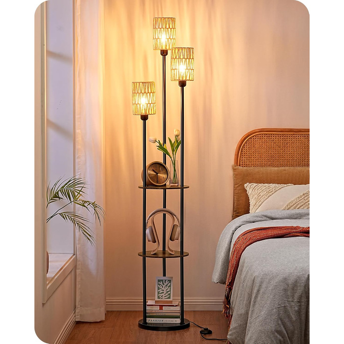 Стійка лампа EDISHINE для вітальні, вінтажна 3-лампова модель з полицею та абажуром з ротангу, 3 патрони E27, з лампочками, бохо-лампа з вимикачем на нозі для спальні та офісу, 178 см (Вінтажний коричневий)