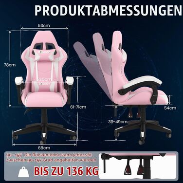 Ігрове крісло Bigzzia Gaming з підігрівом та регулюванням спинки 90-135°, рожеве