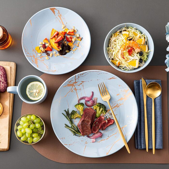 LOVECASA Сервіз столовий порцеляновий, 48-штучний набір посуду Sweet 16, сервіз для їжі з золотим декором, для 4-12 осіб, лавандовий колір