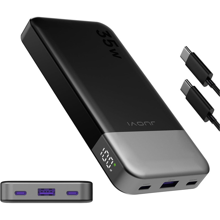 Power Bank JUOVI 10000mAh, 35W: Швидка зарядка, 3 виходи, 2 входи, PD3.0, QC 4.0, цифровий дисплей, чорний