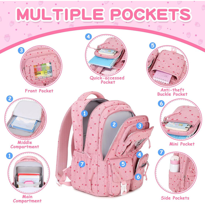 Дитячий рюкзак для дівчаток - шкільні сумки для учнів середньої школи - рюкзак для початкової школи (Рожева Полуниця)