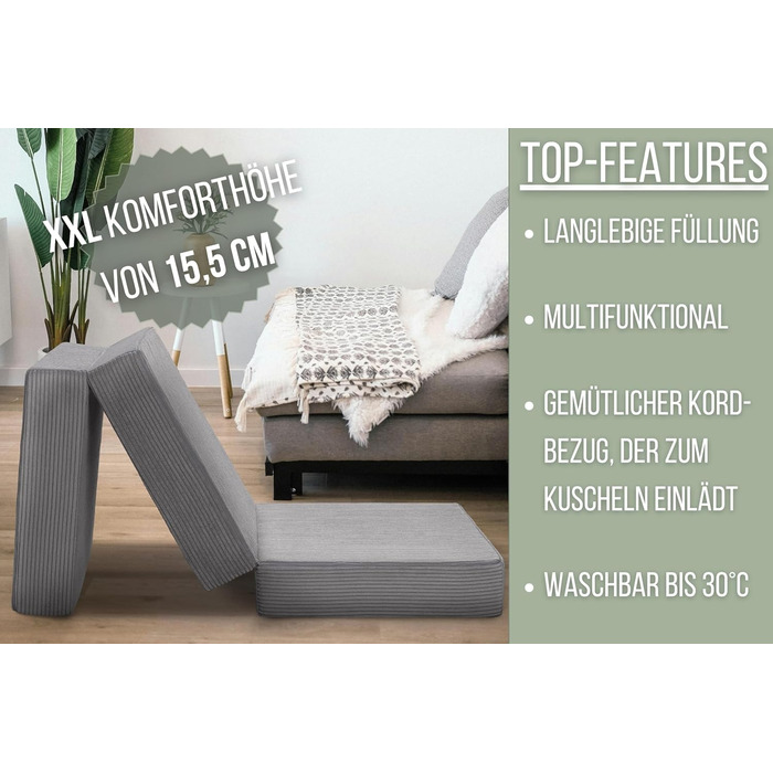 Badenia Trendline Foldable Guest Mattress with Durable Microfiber Cover, Öko-Tex Certified, 196 x 65 x 8.5 cm Sleeping Area, produced according to German quality standards. Height 8.5 cm (Light Gray - Cord, Height 15.5 cm)