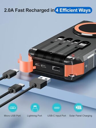 Сонячний Power Bank 26800mAh з 4 кабелями, 30W, Магнітний, USB-C, 7 портів, Ліхтар, для телефону, планшета, кемпінгу