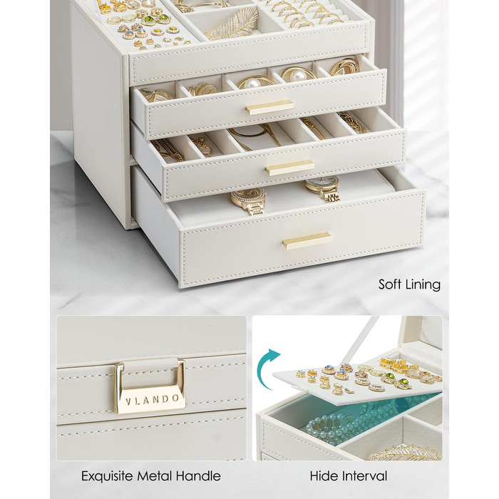Шкатулка для прикрас Vlando Modern Beige з 6 ярусами, дзеркалом та відділеннями для годинників, органайзер для ювелірних виробів, подарунок для жінок