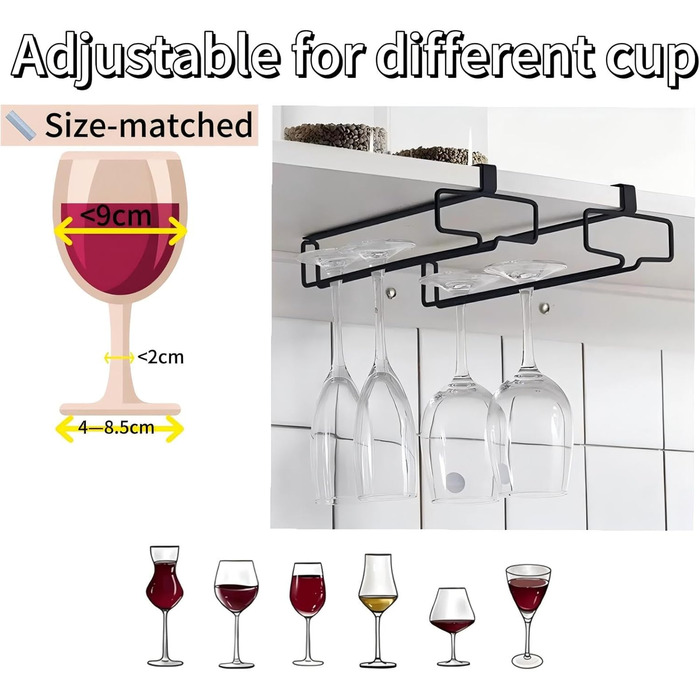 Підвісна тримач для келихів Bitcoraje (2 шт.), стійка для келихів, полиця для келихів без свердління, чорний - для кухні, бару, ресторану