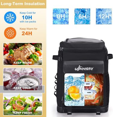 Рюкзак-холодильник Upeelife 30L з підкладкою для пікніка, чорний. Водонепроникний, для кемпінгу та пікніків