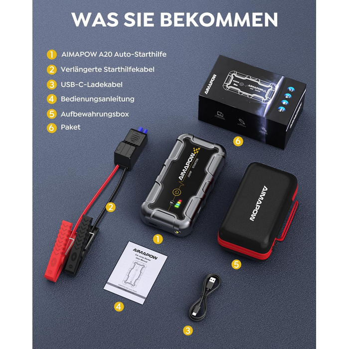 Powerbank для запуску двигуна AIMAPOW Starthilfe 6000A 12V - для бензинових авто, дизельних (10.0L) з LED-ліхтариком та великим екраном, бустер для акумулятора SUV, мотоцикла, газонокосарки