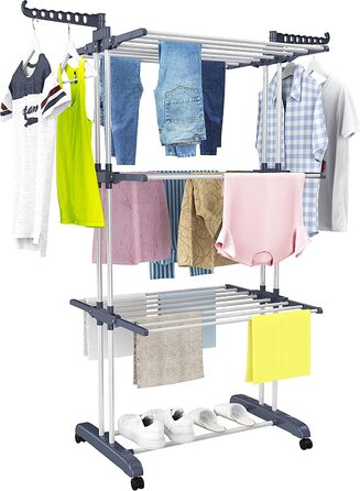 HOMIDEC Clothes Drying Rack Clothes Dryer Tower with Wheels, Space-Saving - with 6 Folding Wings and 2 Swivel Side Wings, Stainless Steel Standing Dryer Clothes Tower for Indoor and Outdoor Use, Grey Grey XL