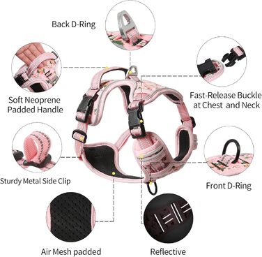 Шлейка для собак HEELE, рожева, квітковий принт, для середніх собак, 38-71 см, з м'яким ручним захопленням, світловідбиваюча