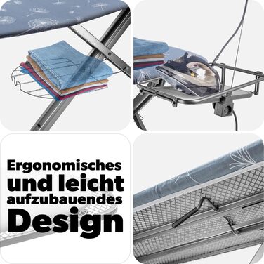 Прасувальна дошка KADAX з підвішуванням для рукавів 130x41 см, поверхня для прасування 53x13 см, з підставкою для праски та розеткою, складна, з підключенням до парогенератора, виготовлена в ЄС (Темно-синій)